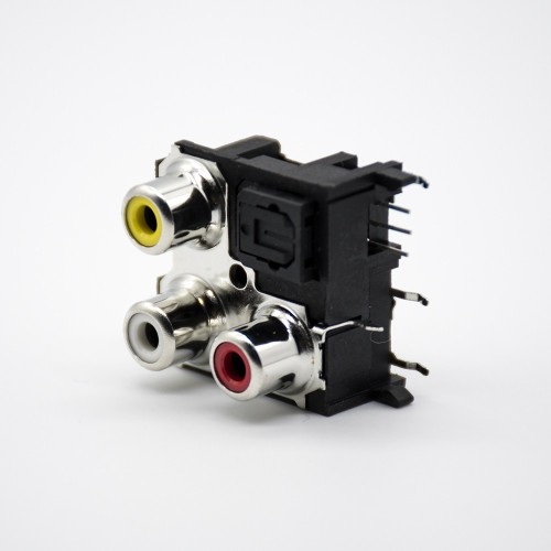 Fiber Optic Module jack and 3 RCA Jack Right angle panel mount with self tapping hole Fiber Optic Module jack and 3 RCA Jack Right angle panel mount with self tapping hole