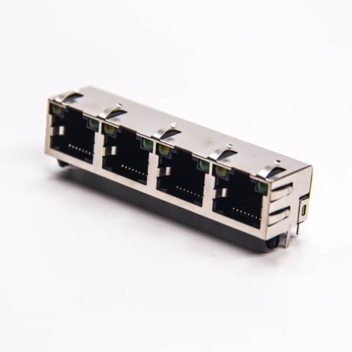 4 Port RJ45 PCB with LED Right Angled Through Hole PCB Mount with EMI 4 Port RJ45 PCB with LED Right Angled Through Hole PCB Mount with EMI