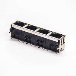 4 Port RJ45 PCB with LED Right Angled Through Hole PCB Mount with EMI