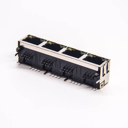 4 Port RJ45 PCB with LED Right Angled Through Hole PCB Mount with EMI 4 Port RJ45 PCB with LED Right Angled Through Hole PCB Mount with EMI