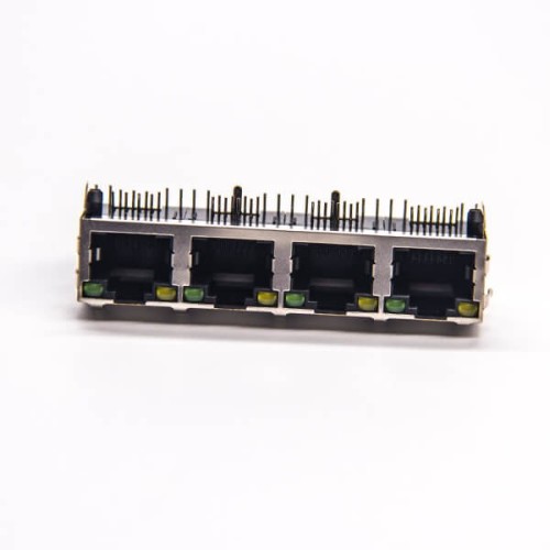 4 Port RJ45 PCB with LED Right Angled Through Hole PCB Mount with EMI 4 Port RJ45 PCB with LED Right Angled Through Hole PCB Mount with EMI