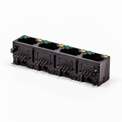 4 RJ45 Female Connector 4 Port 1*4 Black R/A Unshield With LED for PCB