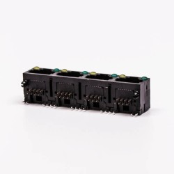 4 RJ45 Female Connector 4 Port 1*4 Black R/A Unshield With LED for PCB