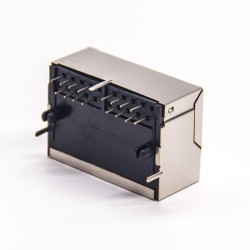 Dual Port RJ45 Connector Right Angled Through Hole with EMI Shielded Jack