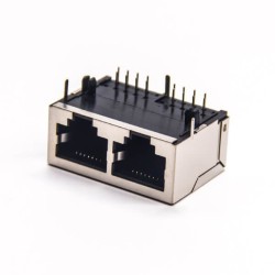 Dual Port RJ45 Connector Right Angled Through Hole with EMI Shielded Jack