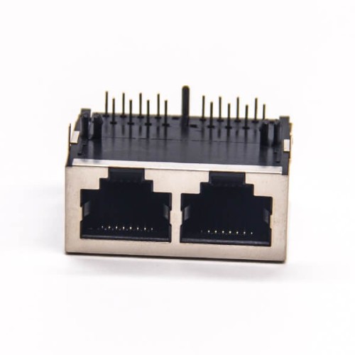 Dual Port RJ45 Connector Right Angled Through Hole with EMI Shielded Jack Dual Port RJ45 Connector Right Angled Through Hole with EMI Shielded Jack