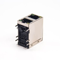 Dual Port RJ45 Ethernet Network with LED Right Angled Through Hole PCB Mount