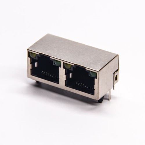 Dual RJ45 Connector PCB Through Hole Right Angled Shielded Jack with LED Dual RJ45 Connector PCB Through Hole Right Angled Shielded Jack with LED