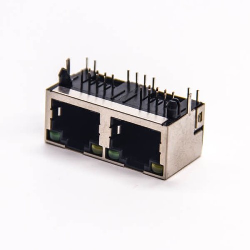 Dual RJ45 Connector PCB Through Hole Right Angled Shielded Jack with LED Dual RJ45 Connector PCB Through Hole Right Angled Shielded Jack with LED