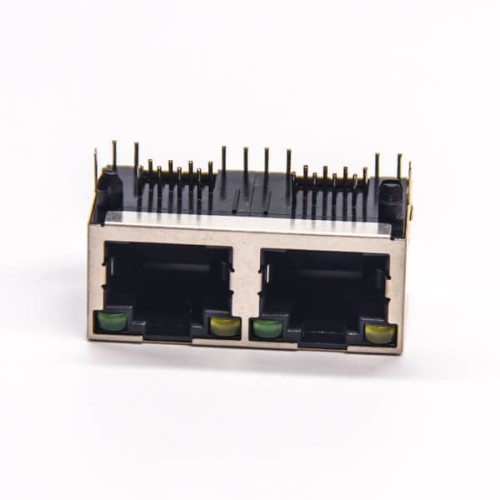 Dual RJ45 Connector PCB Through Hole Right Angled Shielded Jack with LED Dual RJ45 Connector PCB Through Hole Right Angled Shielded Jack with LED