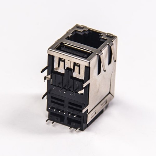 Filtered RJ45 Coupler 90 Degree Shielded Double Port with LEDS with EMI Netword Connector Filtered RJ45 Coupler 90 Degree Shielded Double Port with LEDS with EMI Netword Connector