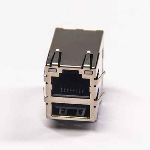 Filtered RJ45 Coupler 90 Degree Shielded Double Port with LEDS with EMI Netword Connector Filtered RJ45 Coupler 90 Degree Shielded Double Port with LEDS with EMI Netword Connector