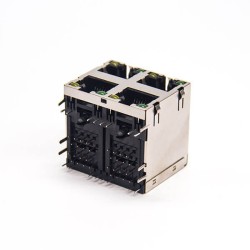 RJ45 2x2 Port 8p8c Shielded Jack Through Hole PCB Mount with LED