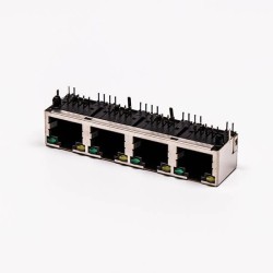 RJ45 Connector Female 4 Port 90° Straight 8P with Shield With LED for PCB