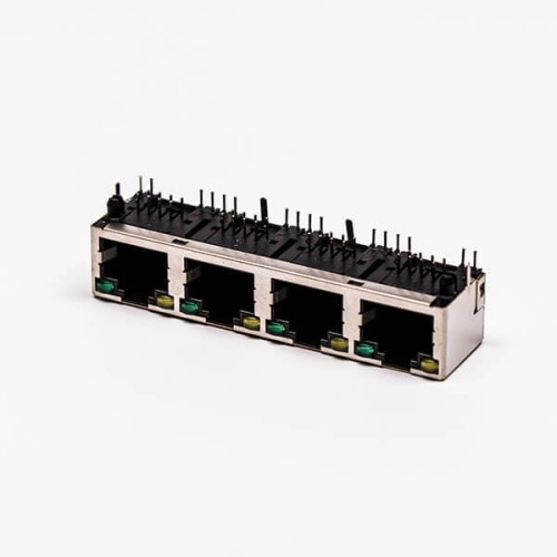 RJ45 Connector Female 4 Port 90° Straight 8P with Shield With LED for PCB RJ45 Connector Female 4 Port 90° Straight 8P with Shield With LED for PCB