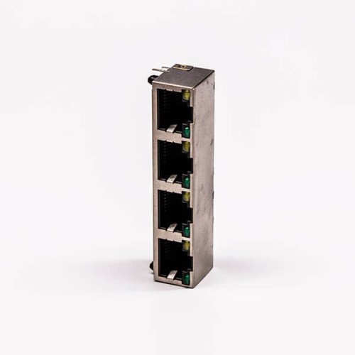 RJ45 Connector Female 4 Port 90° Straight 8P with Shield With LED for PCB RJ45 Connector Female 4 Port 90° Straight 8P with Shield With LED for PCB