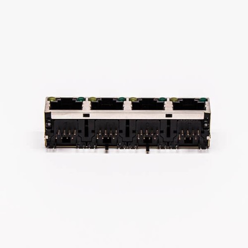 RJ45 Connector Female 4 Port 90° Straight 8P with Shield With LED for PCB RJ45 Connector Female 4 Port 90° Straight 8P with Shield With LED for PCB