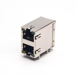RJ45 Double Socket Stacked Type Shielded Jack 90 Degree Through Hole with LED