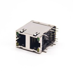 RJ45 Double Socket Stacked Type Shielded Jack 90 Degree Through Hole with LED