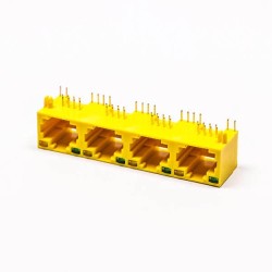 RJ45 Female 4 Port 90 Degree Connector 4 Port 8P Yellow Unshield With LED 20pcs