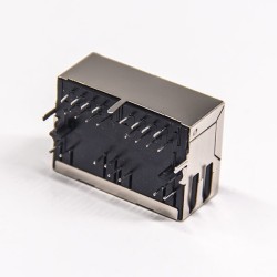 RJ45 Multiport Jack with EMI and leds 1×2 Right Angled 8p8c