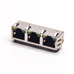 RJ45 Right Angle Connector PCB Mount 8P8C 3 Port Through Hole with LED EMI 20pcs