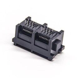 RJ45 Socket PCB Mount 180 Degree 2 Port Unshielded Black Plastic Through Hole