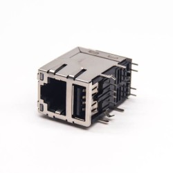 RJ45 Stacked Connectors with USB 2.0 90 Degree DIP Type Shielded Jack