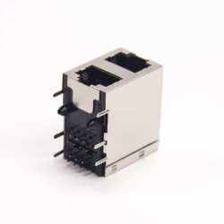 RJ45 Stacked Jack Dual Port Modular Connector Right Angled without Filtered