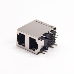 RJ45 Stacked Jack Dual Port Modular Connector Right Angled without Filtered