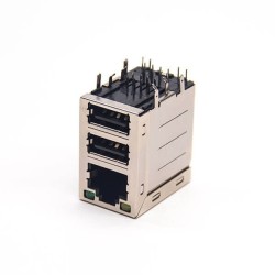 Stacked USB RJ45 Connector 2 USB Port Right Angled with LED DIP Type