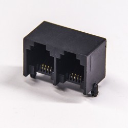 RJ9 6P4C Jack Connector 1x2 port 90° Black Unshielded Without LEDS Through Hole