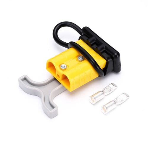600V 50Amp Yellow Housing 2 Way Battery Power Cable Connector Grey T-Bar Handle and Black Dustproof Cover 600V 50Amp Yellow Housing 2 Way Battery Power Cable Connector Grey T-Bar Handle and Black Dustproof Cover