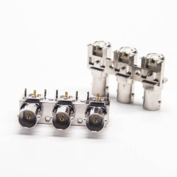 BNC 3 Port Right Angle Female 75 Ohm Through Hole for PCB Mount Nickel Plating