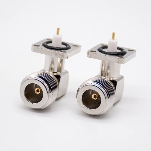 N Connector Female Right Angle PCB Mount Four Hole Flange Through Hole Nickel Plating