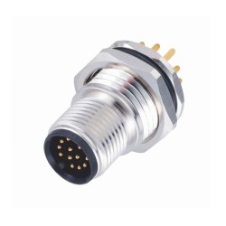 M12 12-Pin Male Flush Type A-Code PCB Contacts Front Mount Socket