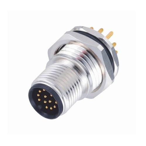 M12 12-Pin Male Flush Type A-Code PCB Contacts Front Mount Socket