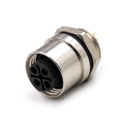 M12 4 Pin S Code Cable Female Straight Back Mount Panel Receptacles Solder Type Waterproof Shiled