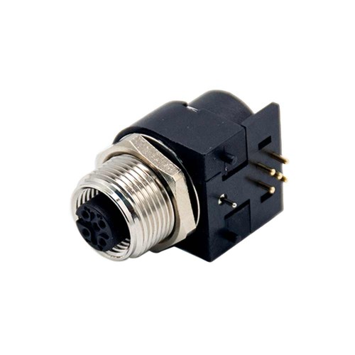 M12 5 Pin Female A Code Sensor Connector Right Angled PCB Mount Socket 360° Full Shielding