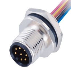 M12 8pin Panel Rear Mount Circular Connector With Electronic Wires50CM AWG24 for Factory Automation A Code