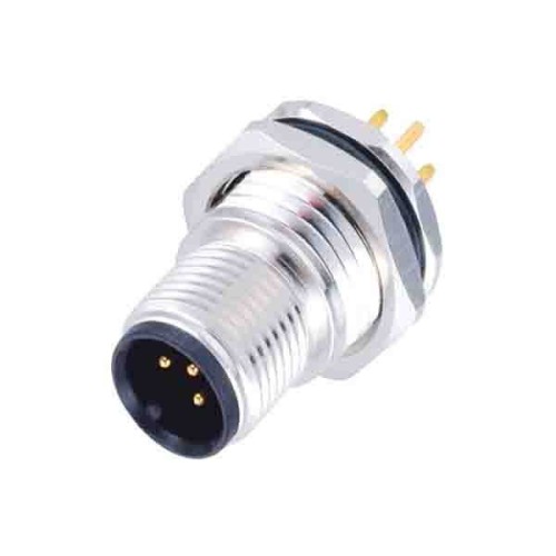 M12 Connector 4 Pin Male Straight A Code Front Panel Mount M16 Thread PCB Solder Type