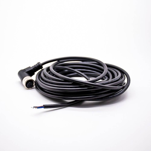 M12 Female Connector 3 Pin Wiring A-Coding Right Angle Connector Molded Black Cable 5M AWG22