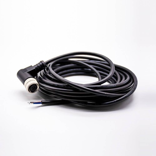 M12 Female Connector 3 Pin Wiring A-Coding Right Angle Connector Molded Black Cable 5M AWG22