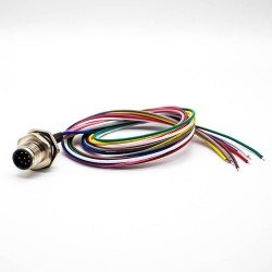 M12 Male Socket A Coded 8Pin Straight Back Mount For Cable 0.2M Solder Waterproof Connector