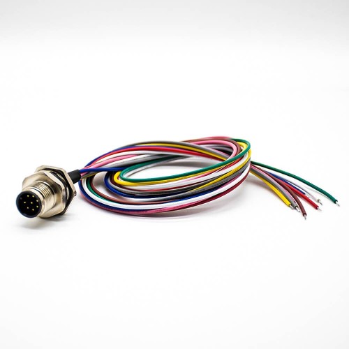 M12 Male Socket A Coded 8Pin Straight Back Mount For Cable 0.2M Solder Waterproof Connector