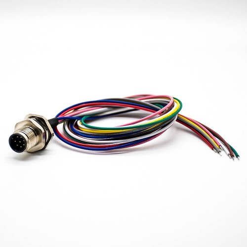 M12 Male Socket A Coded 8Pin Straight Back Mount For Cable 0.2M Solder Waterproof Connector