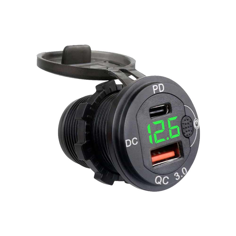 Aluminum Alloy QC3.0 PD Fast Charger with Switch Button Car Modified In-car Voltage Display Charger