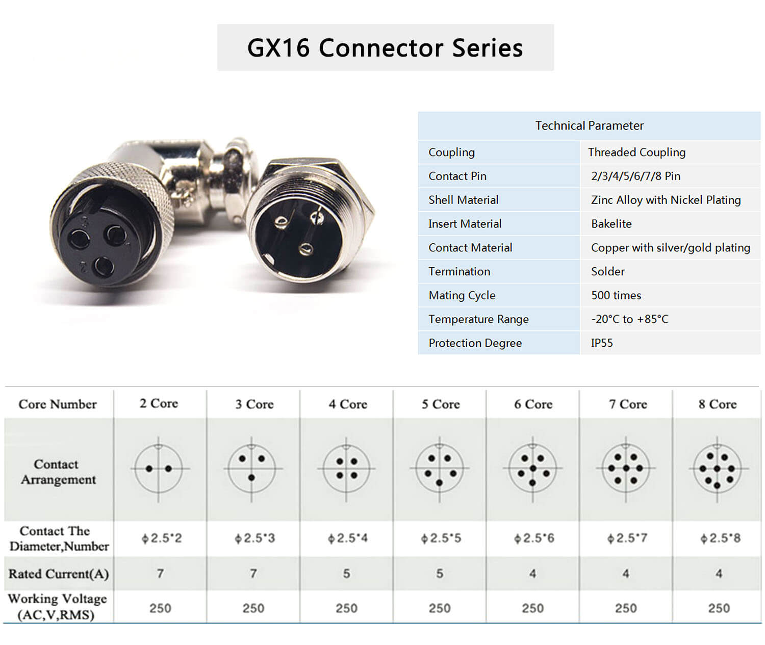 Connector GX16 3 Waterproof Connector R/A Female Plug and Male Socket
