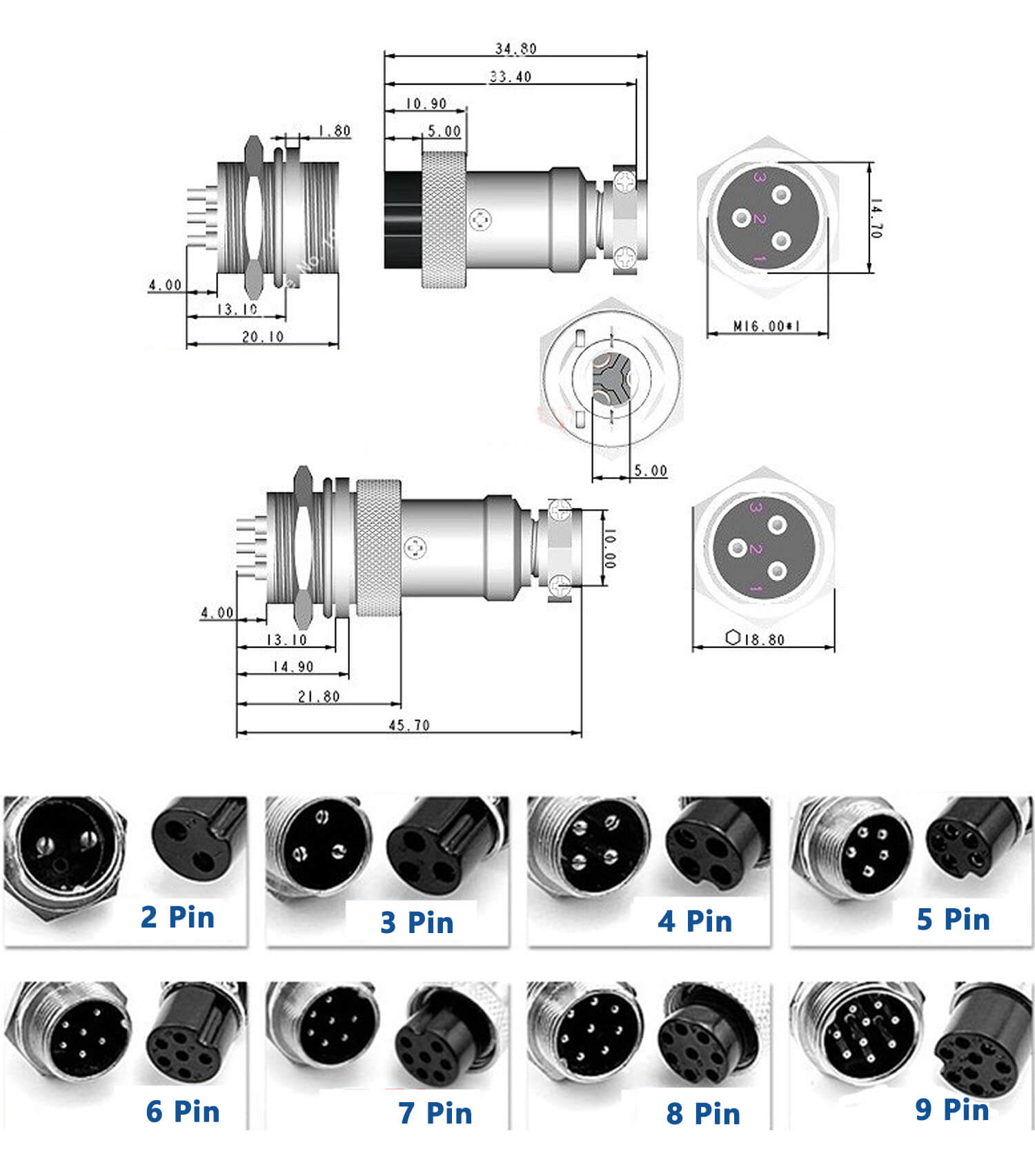 Connector GX16 3 Waterproof Connector R/A Female Plug and Male Socket