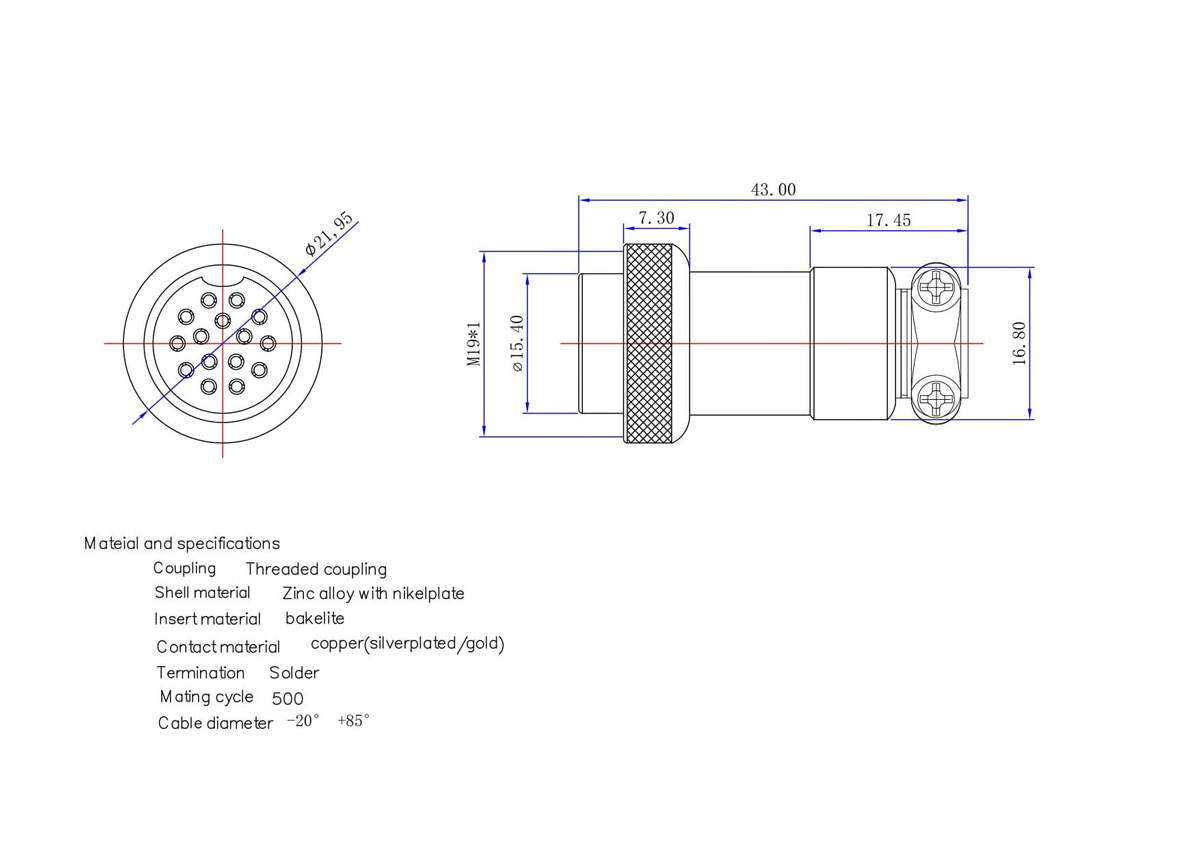 Circular Connector 15 Pin Male Socket and Female Plug GX20 Bulkhead